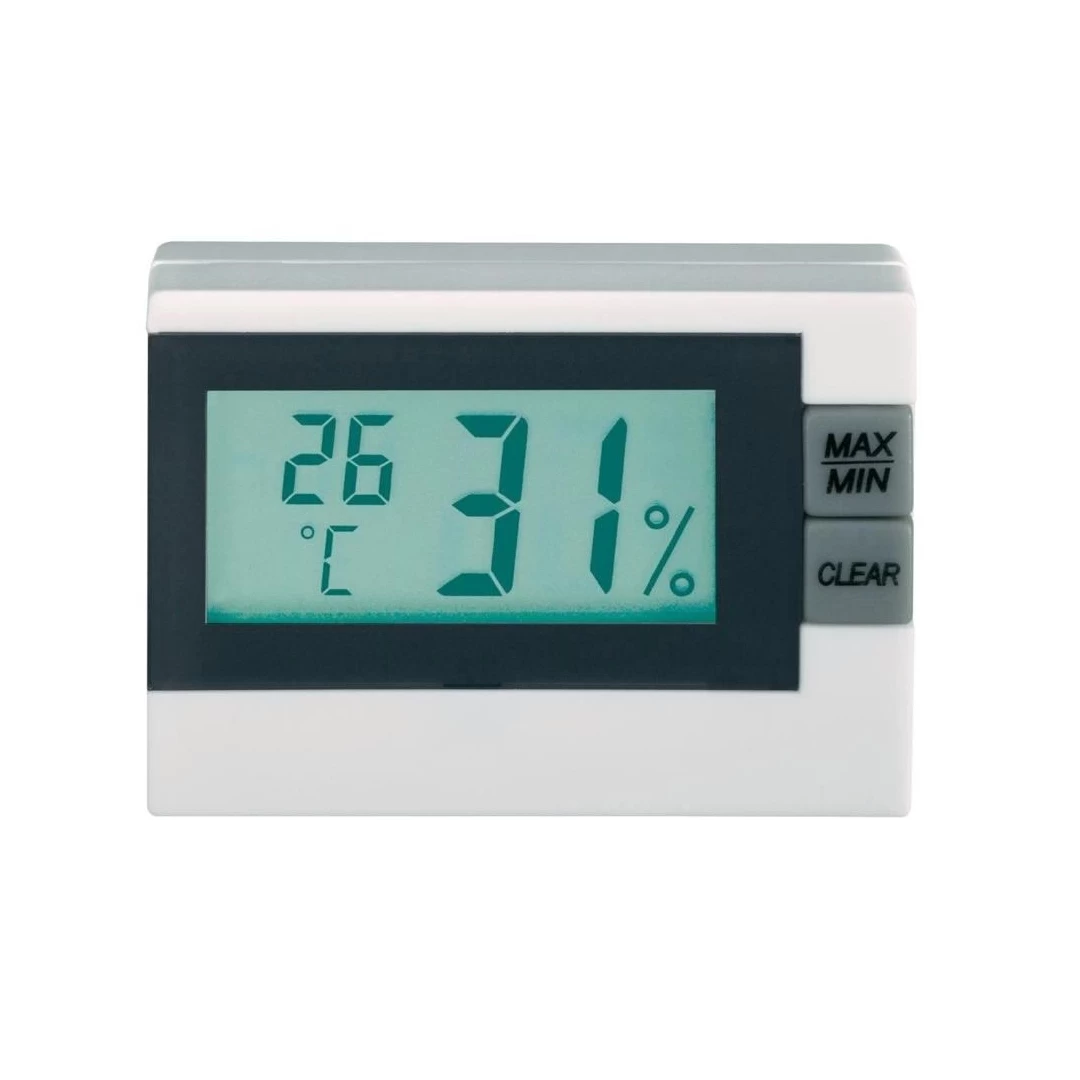 Higrometru si termometru MCT 30.5005.02 - Termometru si higrometru compact pentru masurarea temperaturii si a umiditatii aerului ambinetal.Caracteristici:Memorarea valorilor min./max. masurate Poate fi montat pe perete sau utilizat ca termometru de masa/birou Ecran LCDFunctioneaza cu  1x baterie buton LR44 (inclusa)Interval masurare temperatura: -10 ... +60 °C Precizie temperatura: 1 °CInterval masurare umiditate: 10 - 99 % Precizie umiditate: 1 %Dimensiuni: (l x I x D) 52 x 39 x 15 mmGreutate: 30 g