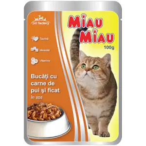 Hrana umeda pentru pisici Miau-Miau, Pui si Ficat in sos, plic 100 g - 