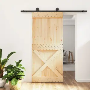 Ușă glisantă cu set de feronerie 95x210 cm, lemn masiv de pin - Această ușă glisantă din lemn masiv de pin este proiectată pentru a îmbogăți zona de intrare a casei dvs. și, de asemenea, pentru o securitate mai bun...
