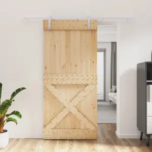 Ușă glisantă cu set de feronerie 95x210 cm, lemn masiv de pin - Această ușă glisantă din lemn masiv de pin este proiectată pentru a îmbogăți zona de intrare a casei dvs. și, de asemenea, pentru o securitate mai bun...