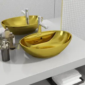 Chiuvetă cu preaplin, auriu, 58,5 x 39 x 21 cm, ceramică - Fabricat din ceramică, acest lavoar de formă ovală va aduce o notă elegantă și mereu la modă în orice baie, spălătorie, vestiar sau toaletă. Chiuveta...