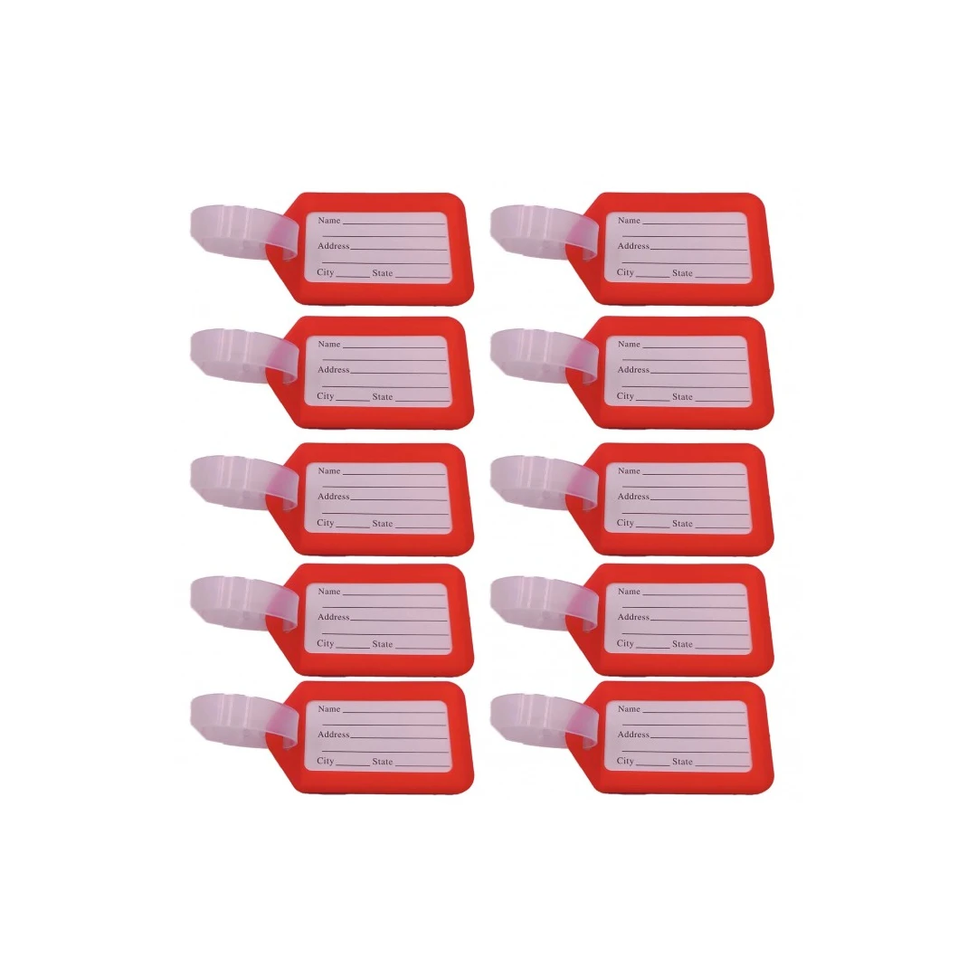 Set 10 Etichete Pentru Identificare a Bagajelor, 87X50mm, Plastic, Agatatoare, Antifurt, Rosu - 
