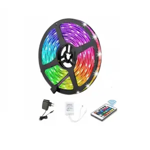 Banda LED RGB impermeabila cu telecomanda, 5m, 300 LED-uri SMD3528, autoadeziv, multicolor - 