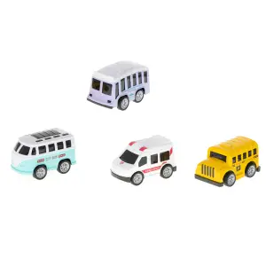 Set 4 vehicule de transport de jucarie, model retro, metalic, include 3 autobuze si o ambulanta, 6x3x4cm, 3ani+, multicolor - 