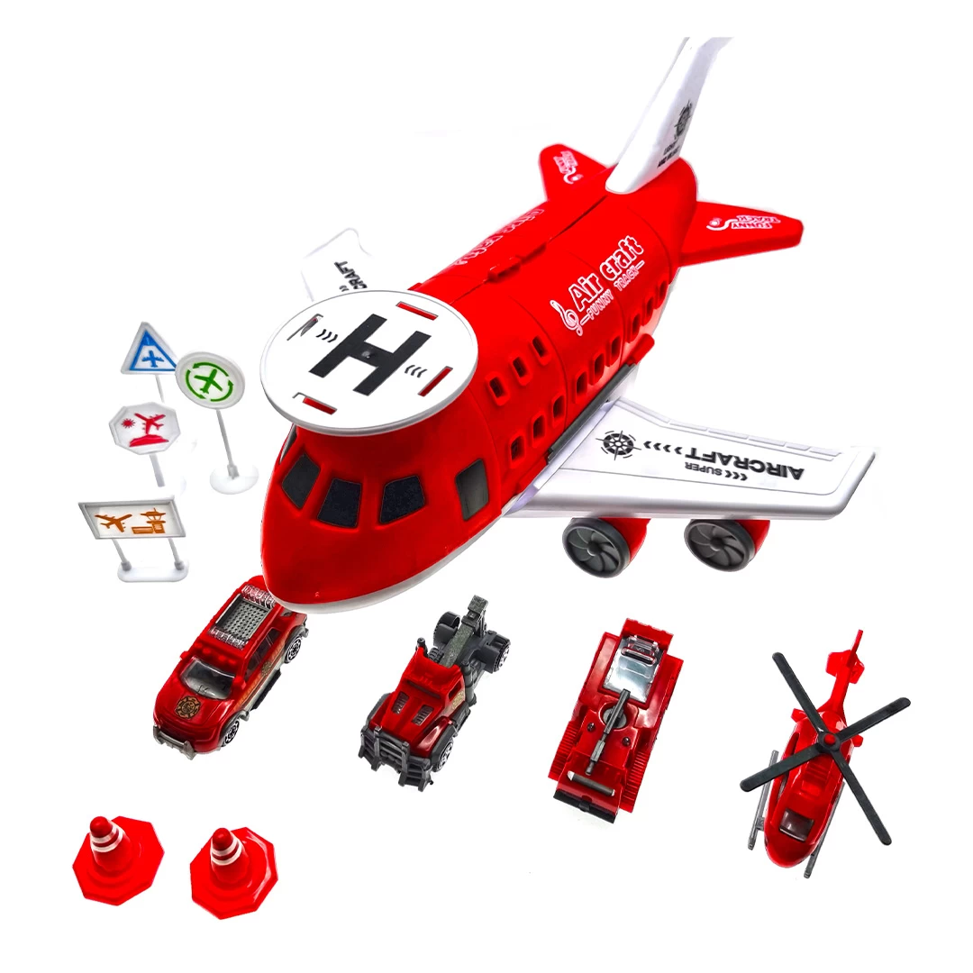Avion cargo rosu cu 3 masinute, un elicopter, pista si semne de circulatie - Avion cargo rosu cu 3 masinute, un elicopter, pista si semne de circulatie