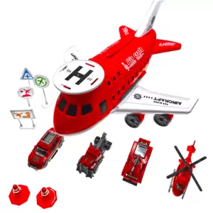 Avion cargo rosu cu 3 masinute, un elicopter, pista si semne de circulatie - Avion cargo rosu cu 3 masinute, un elicopter, pista si semne de circulatie