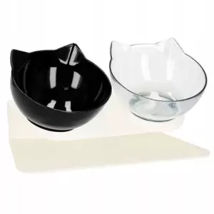 Castron, bol, pentru caine, pisica, dublu, cu suport, plastic, alb si negru, model pisica, 2x13 cm - 