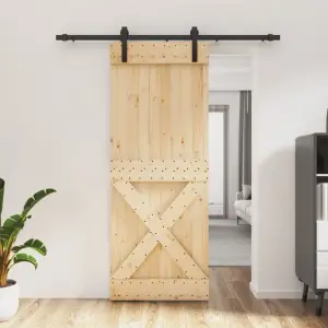 Ușă glisantă cu set de feronerie 80x210 cm, lemn masiv de pin - Această ușă glisantă din lemn masiv de pin este proiectată pentru a îmbogăți zona de intrare a casei dvs. și, de asemenea, pentru o securitate mai bun...