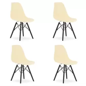 Set 4 scaune stil scandinav, Mercaton, Osaka, PP, lemn, crem si negru, 46x54x81 cm - Set 4 scaune stil scandinav, Artool, Osaka, PP, lemn, crem si negru, 46x54x81 cmCaracteristici: Acest model de scaun combina confortul cu un design unic si un aspect deosebit.Se integreaza perfect in stilurile glamour, modern sau clasic, fiind potrivit atat pentru birou, cat si pentru living, bucatarie sau curte.Picioarele fabricate din lemn de fag asigura stabilitate si durabilitate.Materialele din care este produs scaunul nu se deterioreaza in contact cu apa, grasimi, lapte sau ulei.Are o greutate mica, fiind usor de transportat sau mutat.Se poate curata cu usurinta (inclusiv petele foarte rezistente de vin sau ulei).Asamblarea si dezasamblarea se face rapid si fara prea mult efort, respectand instructiunile. Specificatii: Lungime: 46 cmLatime: 54 cmInaltime: 81 cmAdancime sezut: 41 cmInaltime spatar: 37 cmInaltime sezut: 44 cmMaterial sezut: polipropilenaMaterial picioare: lemn de fag (negru)Sarcina maxima: 120 g