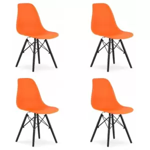 Set 4 scaune stil scandinav, Mercaton, Osaka, PP, lemn, portocaliu si negru, 46x54x81 cm - Set 4 scaune stil scandinav, Artool, Osaka, PP, lemn, portocaliu si negru, 46x54x81 cm  Caracteristici: Acest model de scaun combina confortul cu un design unic si un aspect deosebit.Se integreaza perfect in stilurile glamour, modern sau clasic, fiind potrivit atat pentru birou, cat si pentru living, bucatarie sau curte.Picioarele fabricate din lemn de fag asigura stabilitate si durabilitate.Materialele din care sunt produse scaunele nu se deterioreaza in contact cu apa, grasimi, lapte sau ulei.Are o greutate mica, fiind usor de transportat sau mutat.Se poate curata cu usurinta (inclusiv petele foarte rezistente de vin sau ulei).Asamblarea si dezasamblarea se face rapid si fara prea mult efort, respectand instructiunile. Specificatii: Lungime: 46 cmLatime: 54 cmInaltime: 81 cmAdancime sezut: 41 cmInaltime spatar: 37 cmInaltime sezut: 44 cmMaterial sezut: polipropilenaMaterial picioare: lemn de fag (negru)Sarcina maxima: 120 g