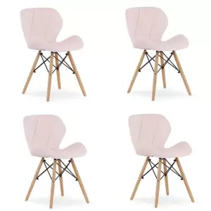 Set 4 scaune stil scandinav, Mercaton, Lago, catifea, lemn, roz, 48x43x74 cm - Set 4 scaune stil scandinav, Artool, Lago, catifea, lemn, roz, 48x43x74 cmCaracteristici: Designul se potriveste perfect intr-un cadru modern, clasic sau glamour.Picioarele scaunului, fabricate din lemn de fag, asigura stabilitate si durabilitate ridicata.Este foarte confortabil, materialul din care este realizat fiind moale si placut la atingere.Catifeaua din care este fabricat sezutul nu poate provoca alergii.Se potriveste foarte bine chiar si in casele unde exista animale de companie, fiind produs din materiale rezistente la zgarieturi. Specificatii: Lungime: 48 cmLatime: 43 cmInaltime: 74 cmInaltime spatar: 27 cmInaltime sezut: 45 cmMaterial sezut: catifeaMaterial picioare: lemn de fagSarcina maxima: 120 kg