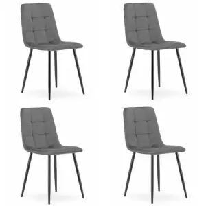 Set 4 scaune stil scandinav, Mercaton, Kara, catifea, metal, gri si negru, 44.5x50.5x87 cm - Set 4 scaune stil scandinav, Artool, Kara, catifea, metal, gri si negru, 44.5x50.5x87 cmCaracteristici: Se disting printr-un sezut moale, matlasat, care asigura confortul. Tapiteria din catifea cu tesatura ofera un look elegant si este foarte fina la atingere.Picioarele inalte si solide din metal sunt responsabile de stabilitatea perfecta si de rezistenta in timp.Scaunele se vor integra intr-un ambient cu decor modern, fie ca vorbim despre o zona de asteptare, un living sau chiar o bucatarie.De asemenea, aceste scaune au o rezistenta sporita la zgarieturi sau deterioriari, astfel ca sunt potrivite in orice casa, inclusiv cele in care exista animale de companie. Specificatii: Material sezut: catifeaMaterial picioare: metalCuloare: griLatime: 44.5 cmAdancime: 50.5 cmInaltime: 87 cmInaltime sezut: 49 cmLatime sezut: 44.5 cmAdancime sezut: 38 cmInaltime spatar: 38 cmGreutatea unui scaun: 4.1 kgGreutate maxima suportata: 120 kg