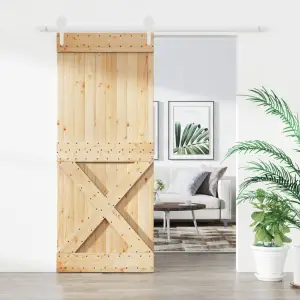 Ușă glisantă cu set de feronerie 85x210 cm, lemn masiv de pin - Această ușă glisantă din lemn masiv de pin este proiectată pentru a îmbogăți zona de intrare a casei dvs. și, de asemenea, pentru o securitate mai bun...
