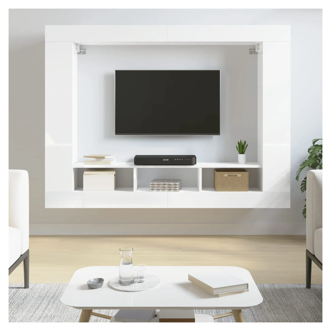 Comodă TV, alb extralucios, 152x22x113 cm, lemn prelucrat - Având un design modern, dar practic, această comodă TV robustă va fi un punct de atracție central al camerei dvs. Material durabil: Lemnul prelucrat e...