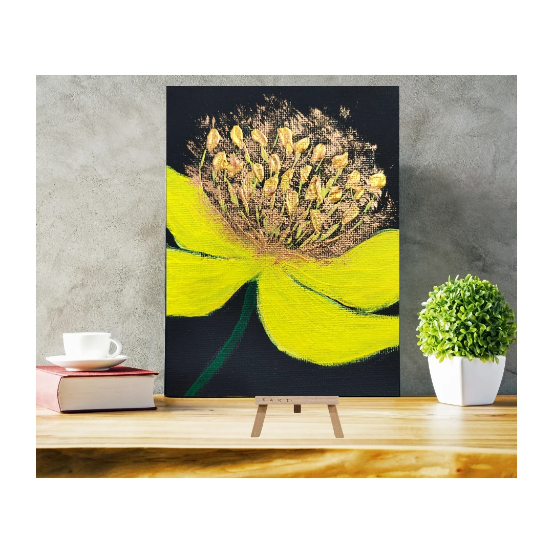 Tablou canvas  Floare galbena, 18x12 cm- in relief, cu accente aurii (produs unicat) - 