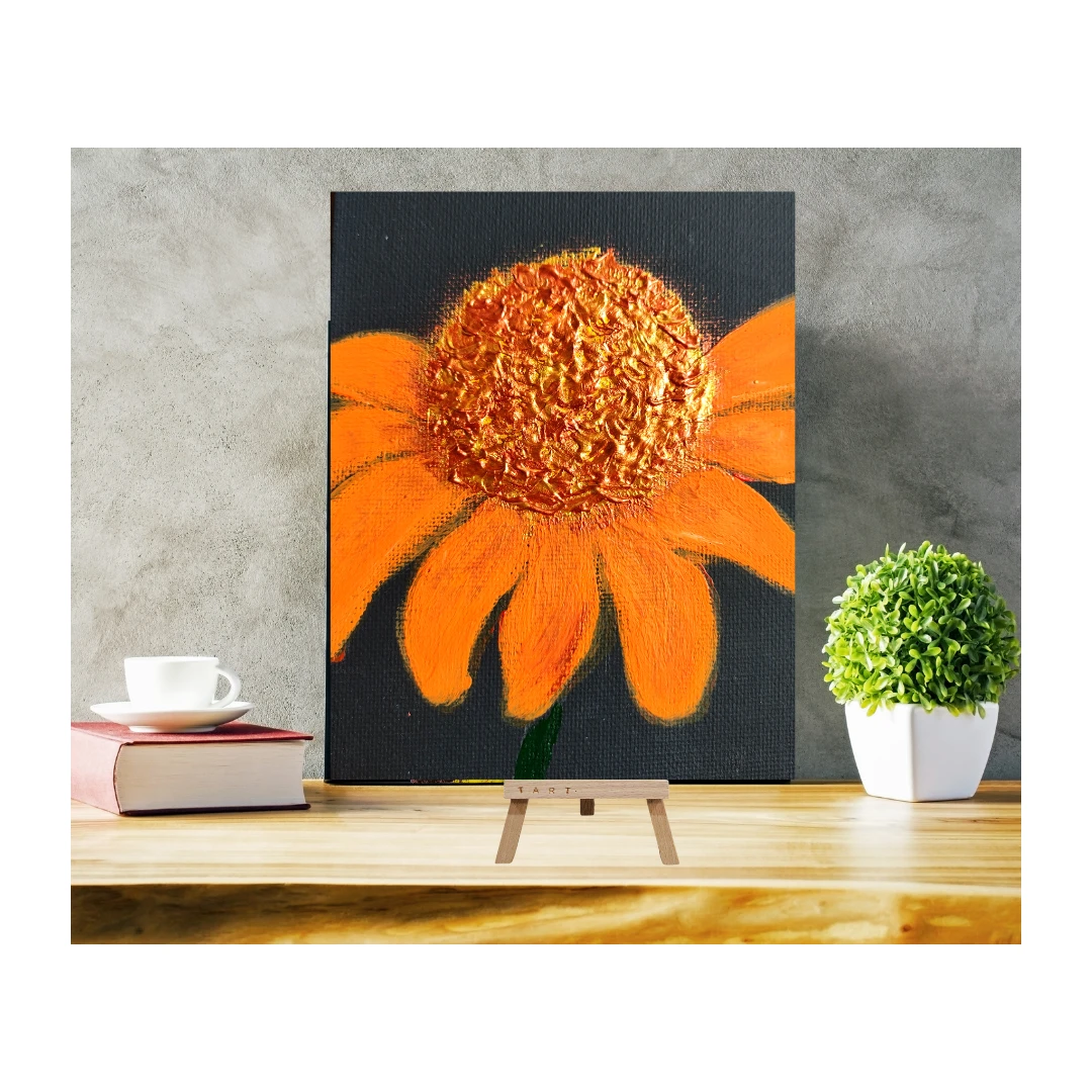 Tablou canvas Floare portocalie, 18x12 cm- in relief, accente aurii si aramii (produs unicat) - 