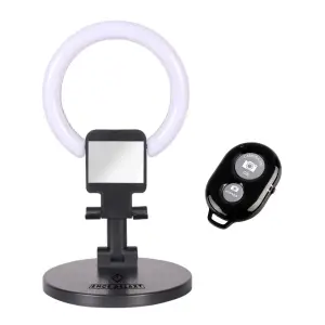 Lampa RingLight cu telecomanda universala Bluetooth, Suport telefon, Tableta, Distanta 10m, Compatibil IOS / Android, Pliabil, 3 moduri lumina, Diametru 16cm, Selfie, Sustinere puternica, Rotire 360, Negru - 
