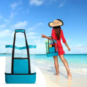 Geanta albastră de plajă - cu compartiment termic - Family Pound - Fii in pas cu moda si achizitioneaza geanta dama pentru plaja din materiale de calitate la preturi foarte bune
