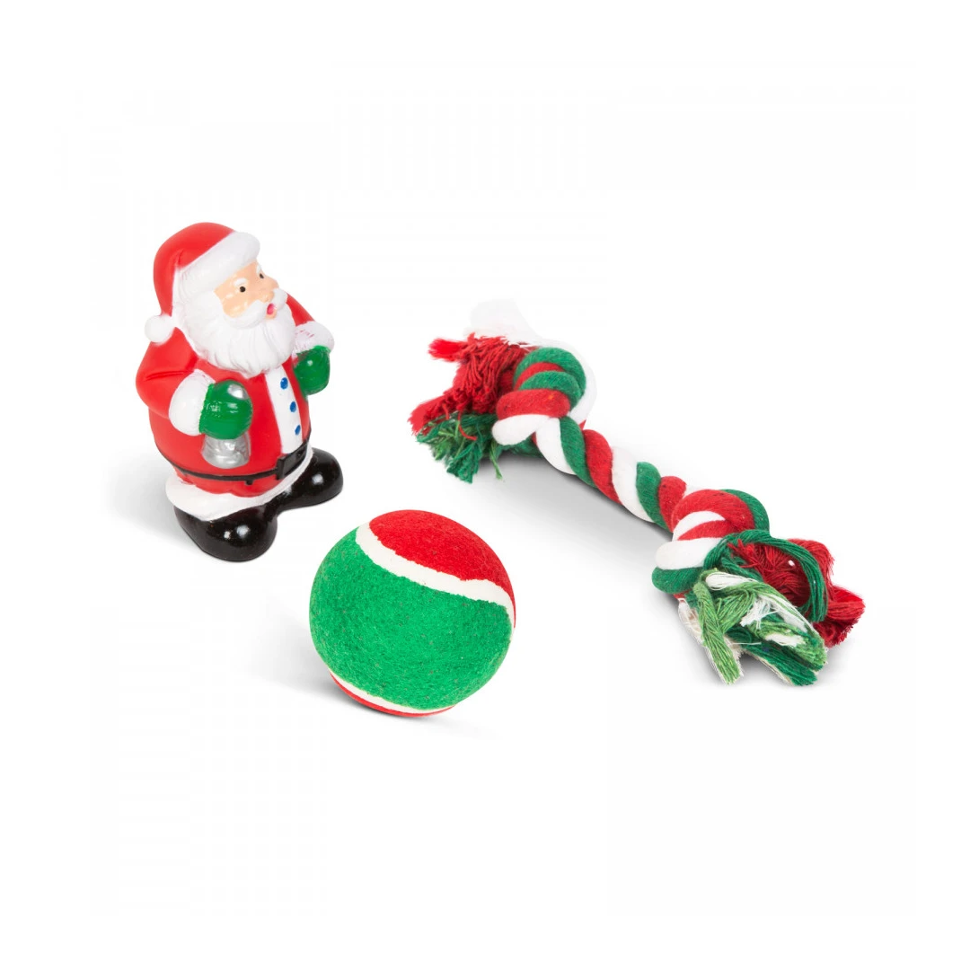 Set jucării căței - motive de Crăciun - frânghie, minge, jucărie Moș Crăciun - 