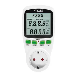 Calculator de energie cu afisaj LCD VIRONE EM-4(GS), 3680W, 16A, schuko, baterie incorporata, tarif unic, alb - 
