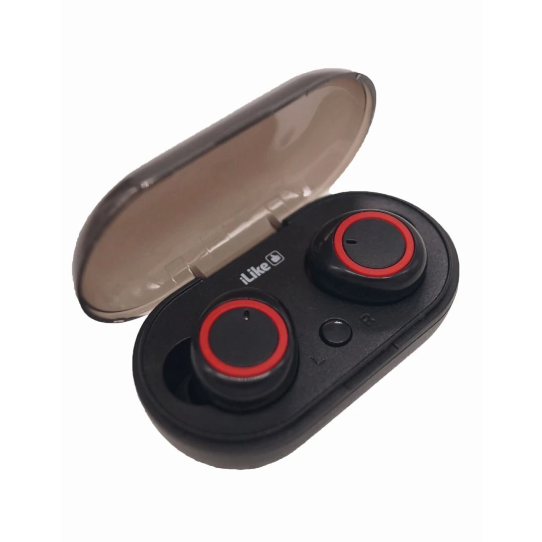 Casti audio in ear iLike IBE01, wireless, Bluetooth 5.0, IPX4, Extra Bass, toc de incarcare, negru/rosu - 