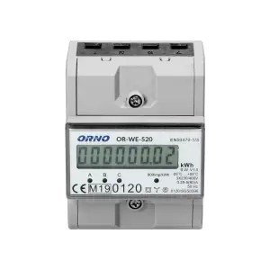 Contor trifazic ORNO OR-WE-520, 80A, certificare MID, 3 faze, 230V, clasa de masurare B, frecventa de impuls 800 imp/kWh, IP51, gri - 