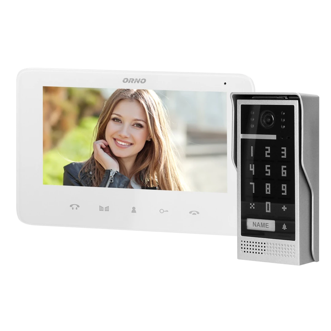 Videointerfon pentru o familie SCUTI ORNO OR-VID-VP-1073/W, color, monitor ultra-plat LCD 7", control automat al portilor, 16 sonerii, functie intercom, tastatura numerica, alb/gri - 