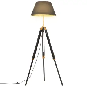 Lampă de podea trepied, negru și auriu, 141 cm, lemn masiv tec - Iluminați-vă spațiul de locuit cu această lampă de podea cu trepied în stil retro! Această lampă din lemn, cu un design vintage, este un element atrăg...