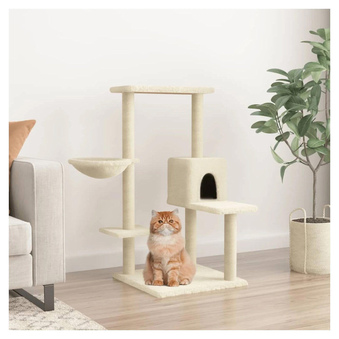 Ansamblu de pisici cu stâlpi din funie de sisal, crem, 95 cm - Distrați-vă pisicile minunate la nesfârșit, cu acest ansamblu pentru pisici, totul într-unul! Turn pentru pisici all-in-one: Mobilierul pentru pisici...