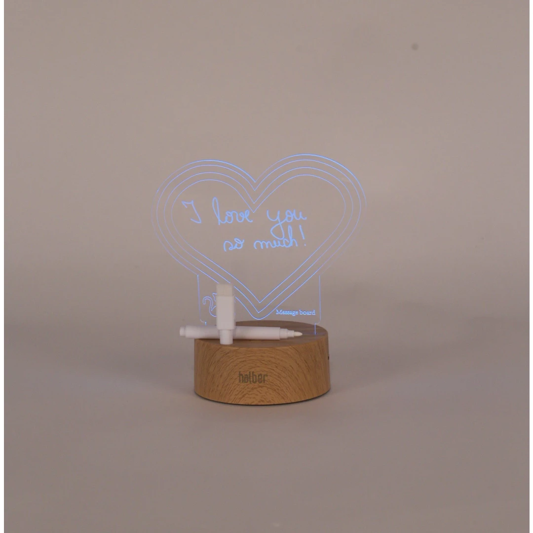 Lampa decorativa 3D halber cu mesaj personalizabil tip Inimioara cu marker inclus, Lemn - 