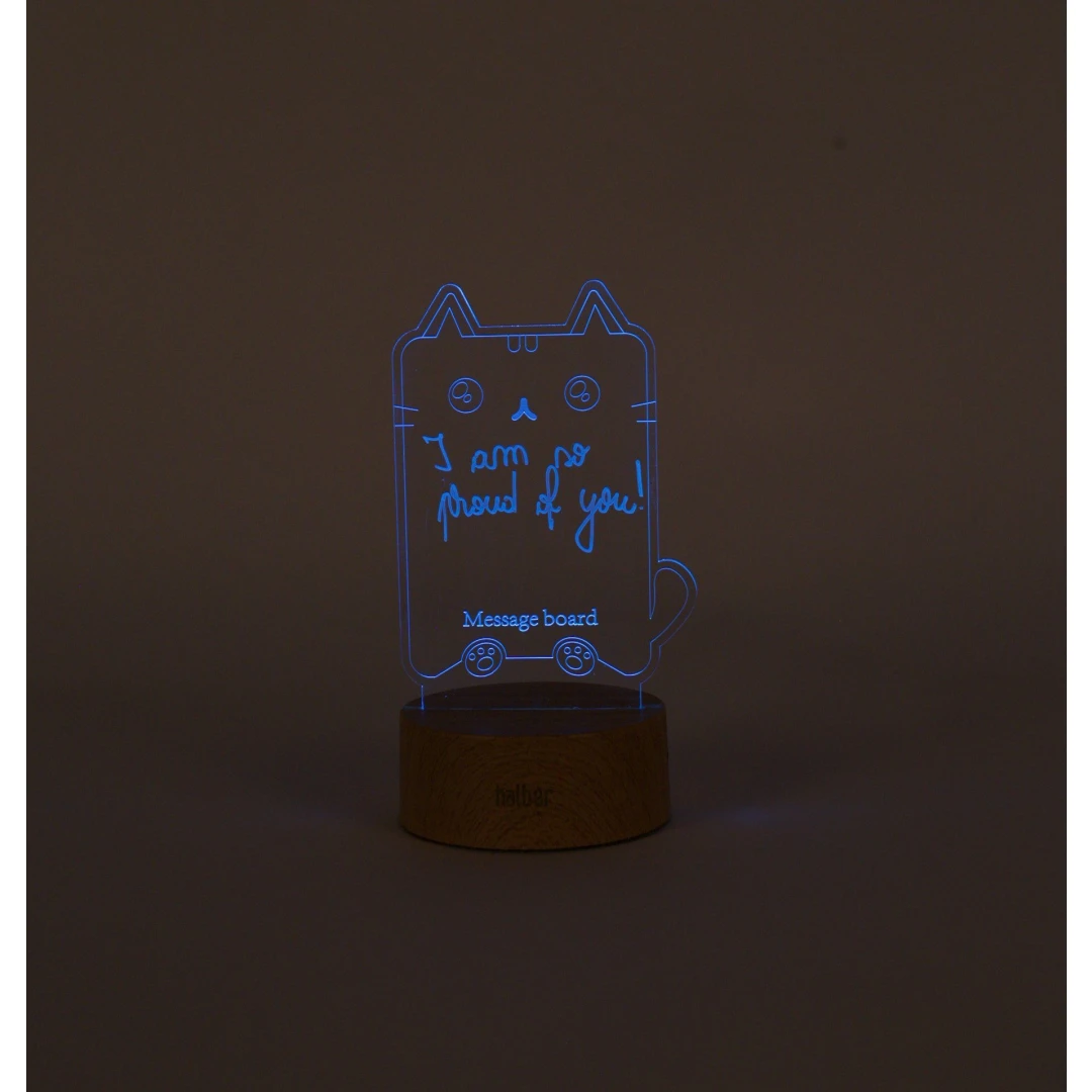 Lampa decorativa 3D halber cu mesaj personalizabil tip Pusheen Cat cu marker inclus, Lemn - 