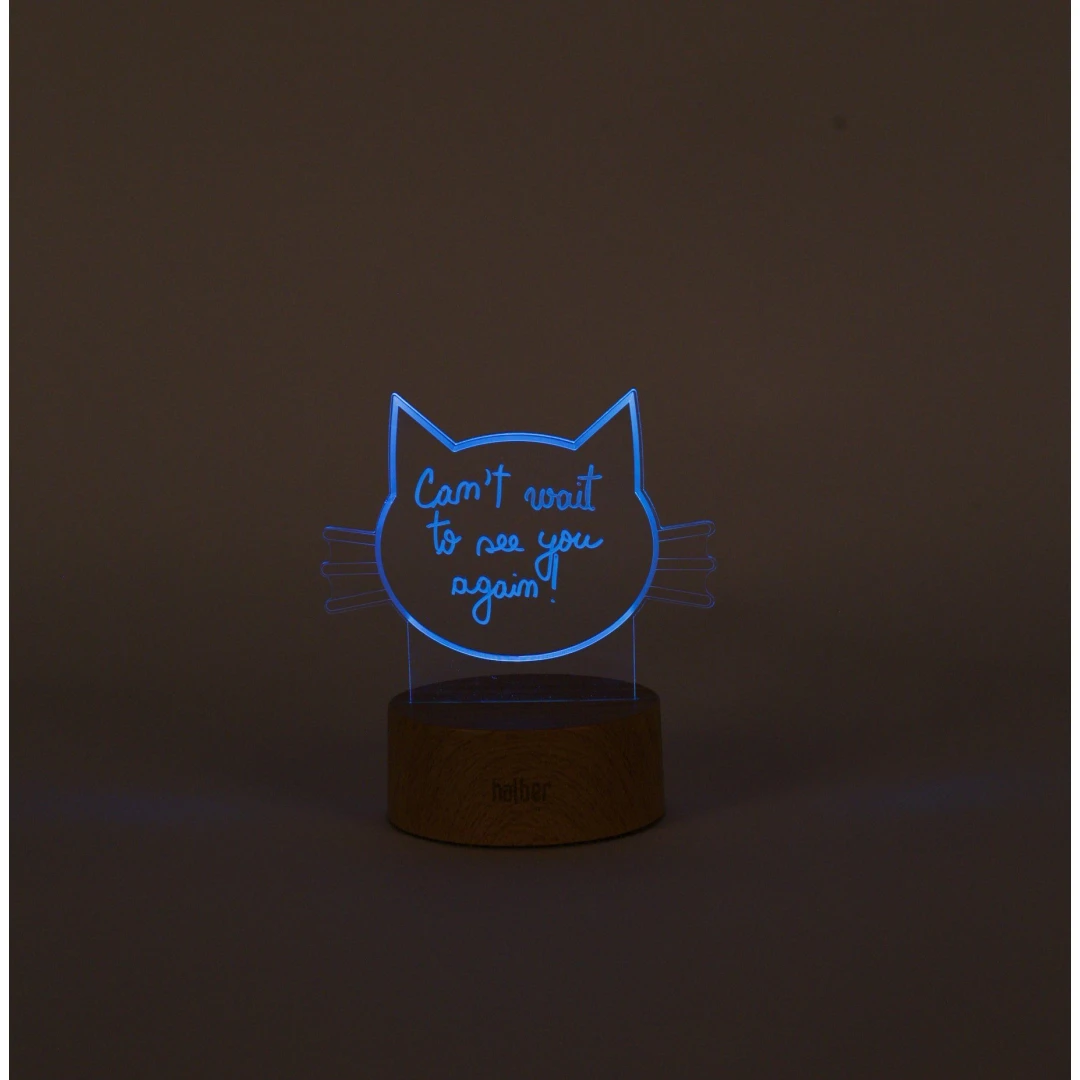 Lampa decorativa 3D halber cu mesaj personalizabil tip Pisica cu marker inclus, Lemn - 