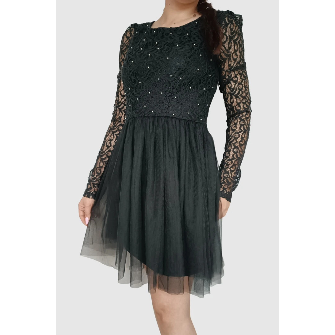 Rochie eleganta cu fusta de tulle, in clos, din dantela, negru, XS - 