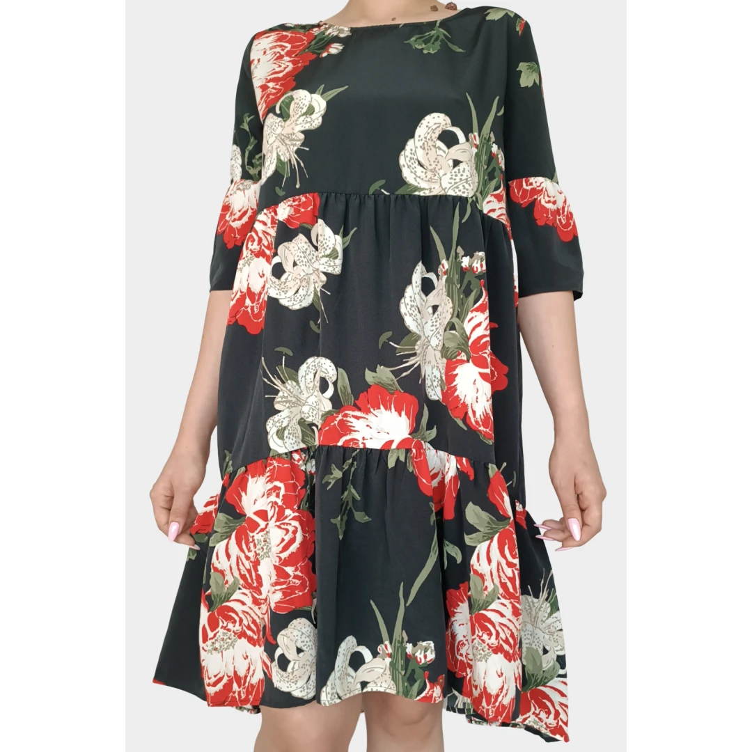 Rochie de lungime medie cu imprimeu floral si volane, multicolor, XS - 