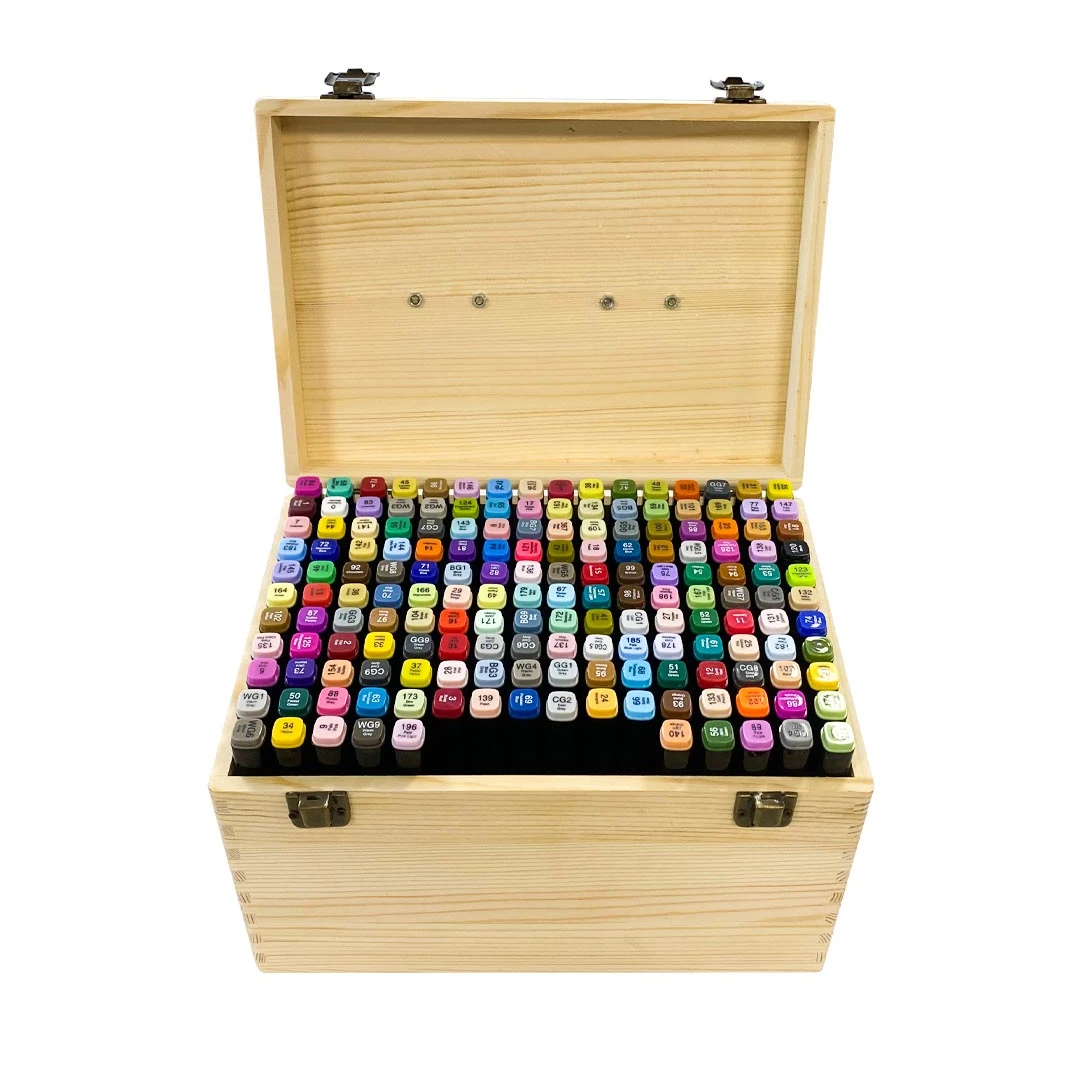 Set de 170 markere cu doua varfuri in cutie de lemn cadou, pictabila - 