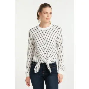 Bluza de dama cu model marinaresc, dungi diagonale, maneca lunga si funda la baza, alb, XS - 