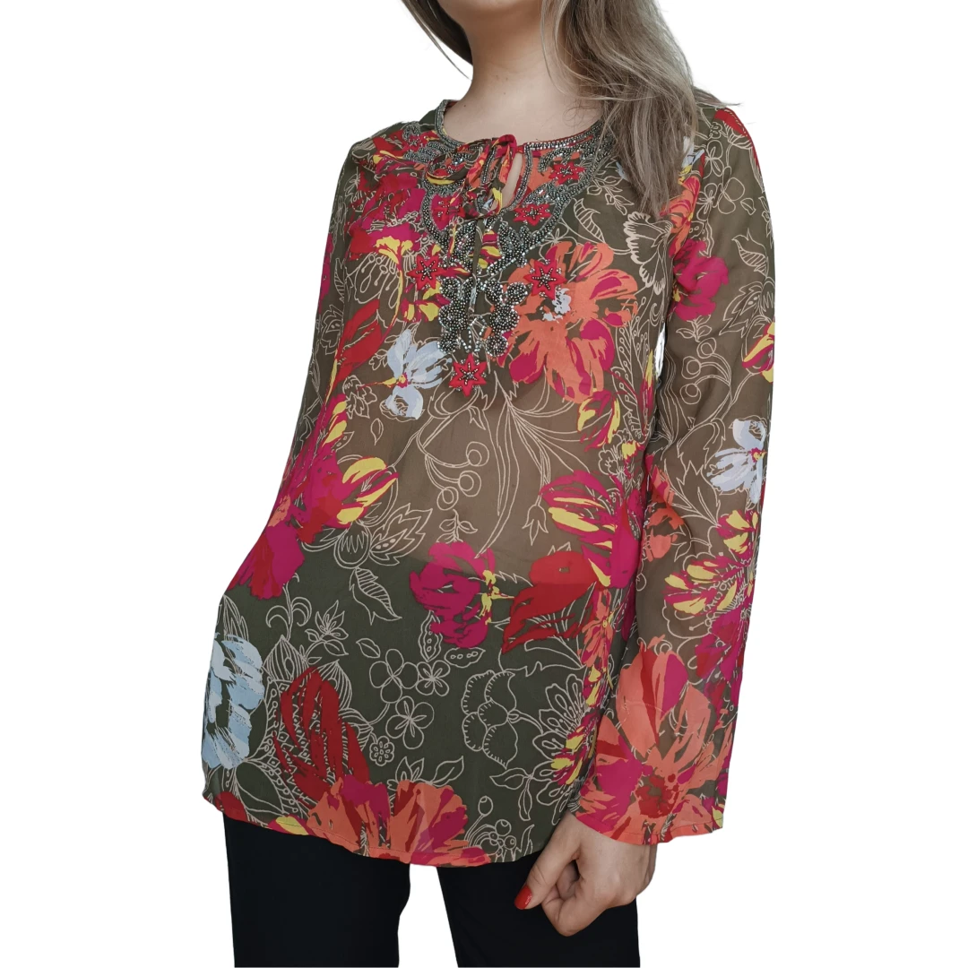 Bluza tip tunica, semitransparenta cu imprimeu oriental, multicolor, M - 