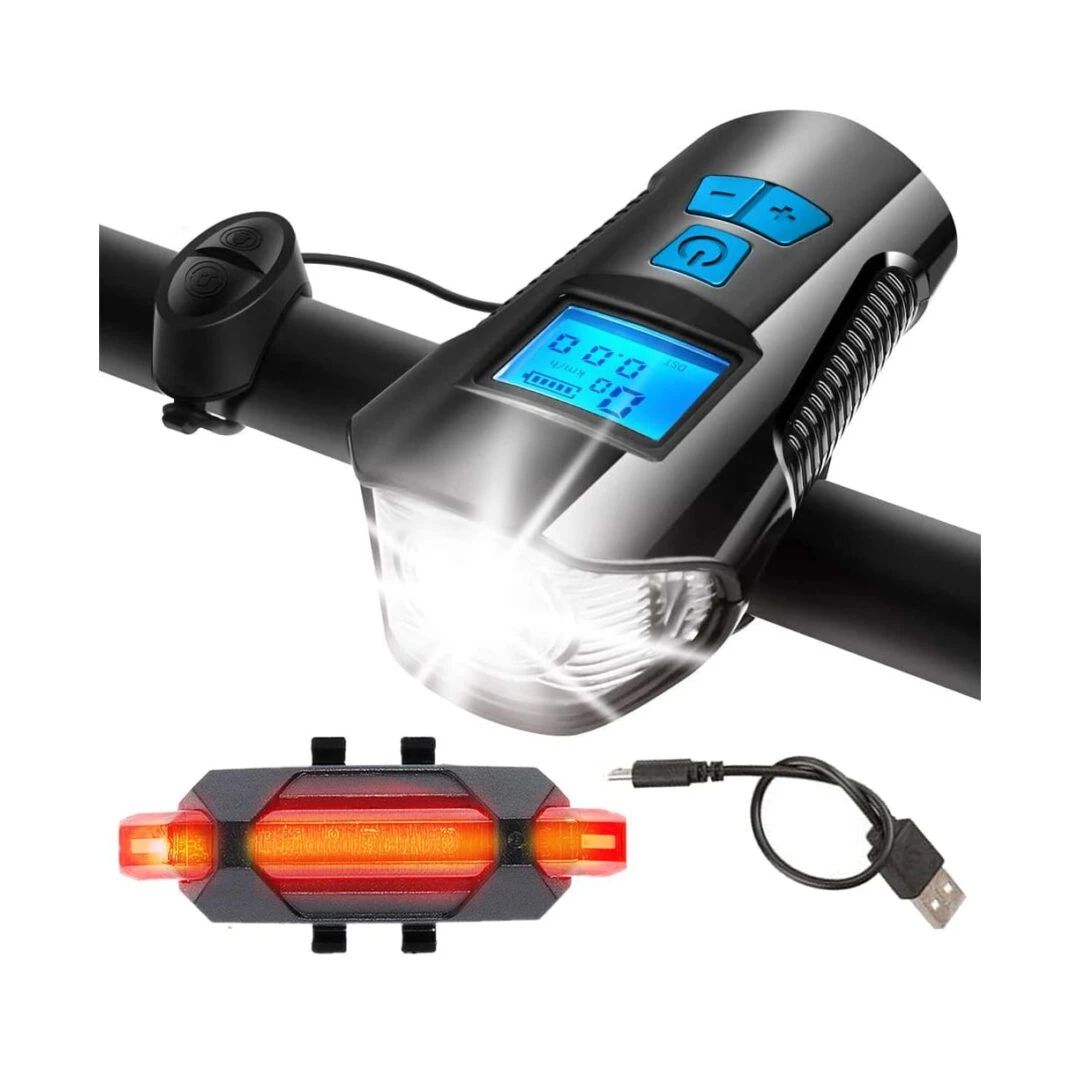 Vitezometru Digital cu lampa Fata + Spate + Claxon cu 6 sunete, waterproof, pentru bicicleta - 