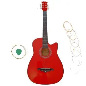 Chitara clasica din lemn IdeallStore®, Red Raven, 95 cm, model Cutaway, rosie, corzi otel, pana inclusa - 