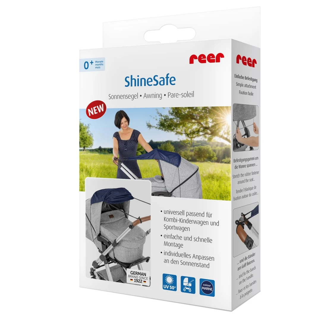 Copertina pentru protectie solara UV 50+, parasolar pentru carucior de copii, model universal, bleumarin, Reer ShineSafe Bleu 84213 - 