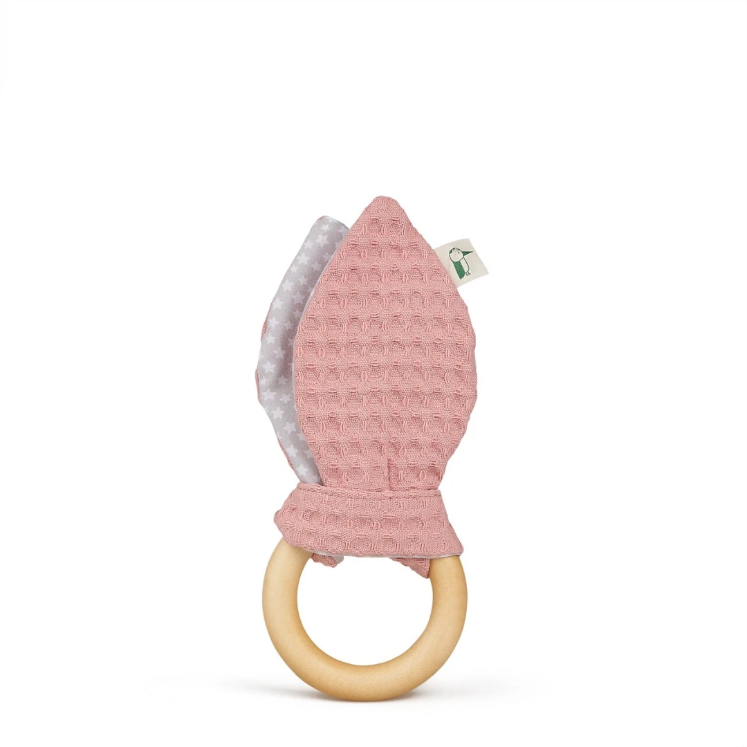 Jucarie cu inel de prindere din lemn si urechi din material textil, roz, Gruenspecht 571-V2 - 