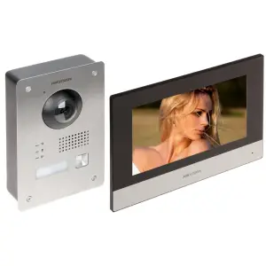 Kit videointerfon, IP, Hikvision, pentru o familie, rezolutie camera 2mp, PoE, montaj aparent, DS-KIS703-P - 
