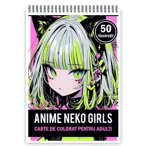 Carte de colorat pentru adulti, 50 de ilustratii Anime Neko Girls, 106 pagini - 
