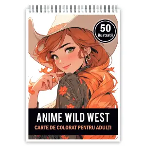 Carte de colorat pentru adulti, 50 de ilustratii Anime Wild West, 106 pagini - 