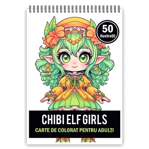 Carte de colorat pentru adulti, 50 de ilustratii Chibi Elf Girls, 106 pagini - 