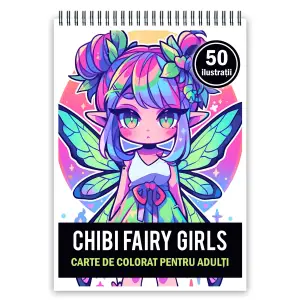 Carte de colorat pentru adulti, 50 de ilustratii Chibi Fairy Girls, 106 pagini - 