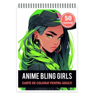 Carte de colorat pentru adulti, 50 de ilustratii, Anime Bling Girls, 106 pagini - 