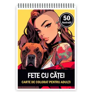 Carte de colorat pentru adulti, 50 de ilustratii, Anime Girls with Dogs, 106 pagini - 