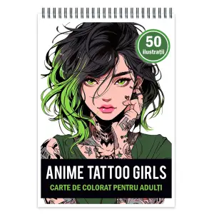 Carte de colorat pentru adulti, 50 de ilustratii, Anime Tattoo Girls, 106 pagini - 