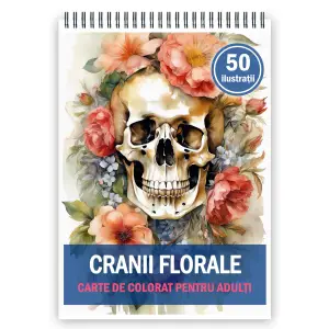 Carte de colorat pentru adulti, 50 de ilustratii, Cranii Florale, 106 pagini - 